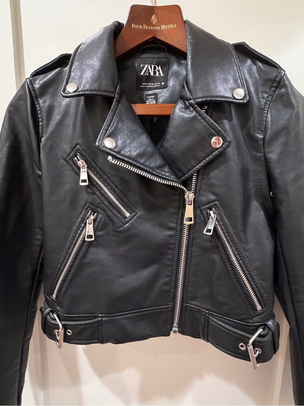 ZARA Black Faux Leather Moto Jacket with Silver Hardware
